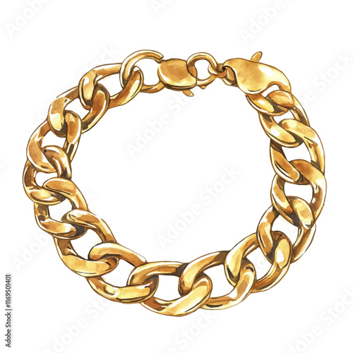 A watercolor vector painting of a classic gold chain bracelet, isolated on a white background. Classic gold chain bracelet vector.

