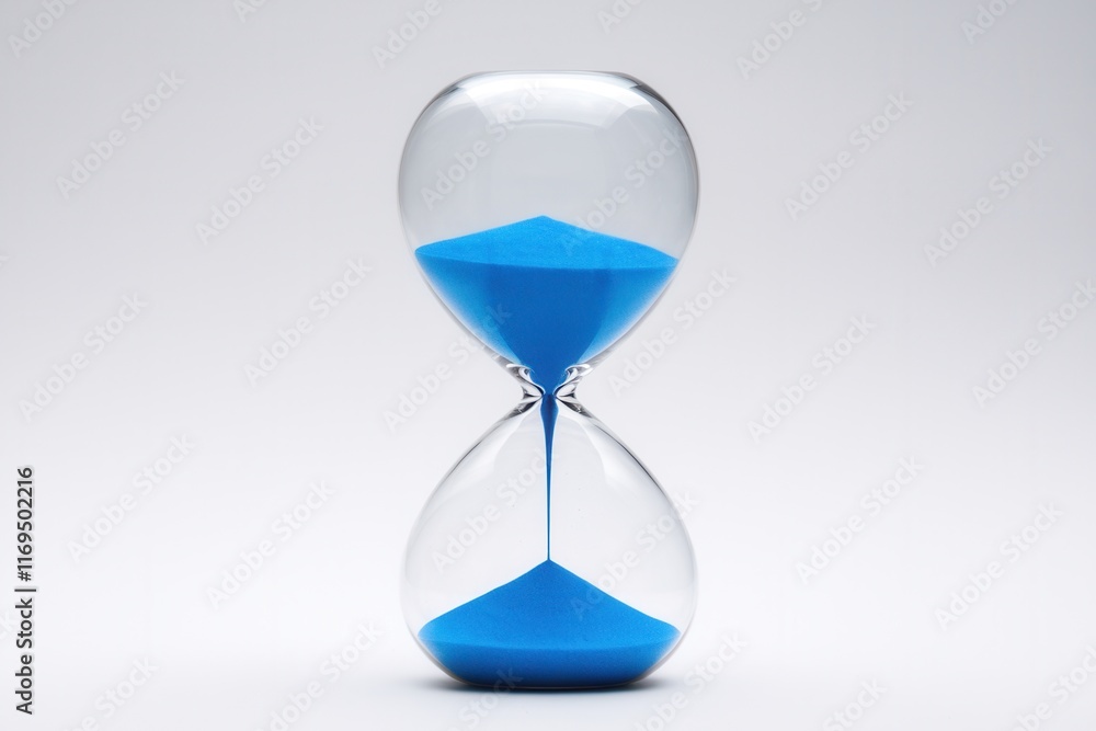 Sanduhr mit blauem Sand auf hellgrauem Hintergrund Sanduhr mit blauem Sand auf hellgrauem Hintergrund
