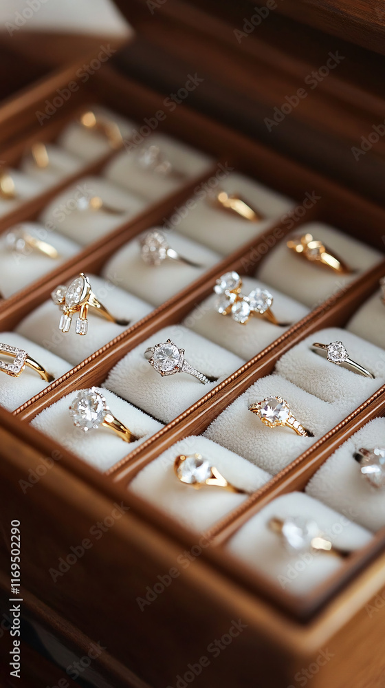 Organized Jewelry Box with Rings and Earrings Displayed in Individual Compartments, Showcasing Luxury, Elegance, and Fine Accessories Organized Jewelry Box with Rings and Earrings Displayed in Individual Compartments, Showcasing Luxury, Elegance, and Fine Accessories
