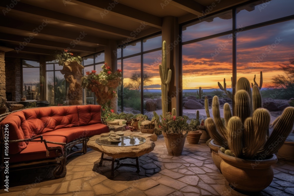 Fototapeta premium Beautiful Arizona Patio at Sunset with Gorgeous Light, Summer Vibes, and Casual Attire. Incredible Glamour and Attractive Presence with Cactus Silhouette