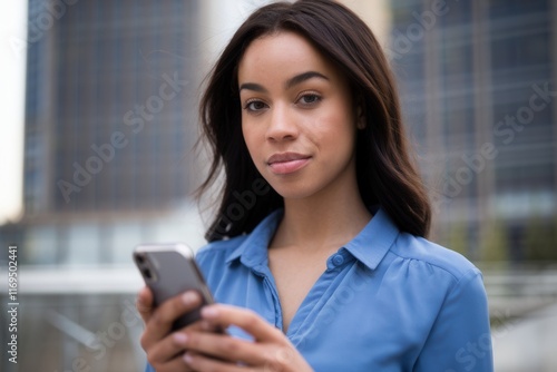 Junge afroamerikanische Frau mit Smartphone im modernen Stadtambiente photo