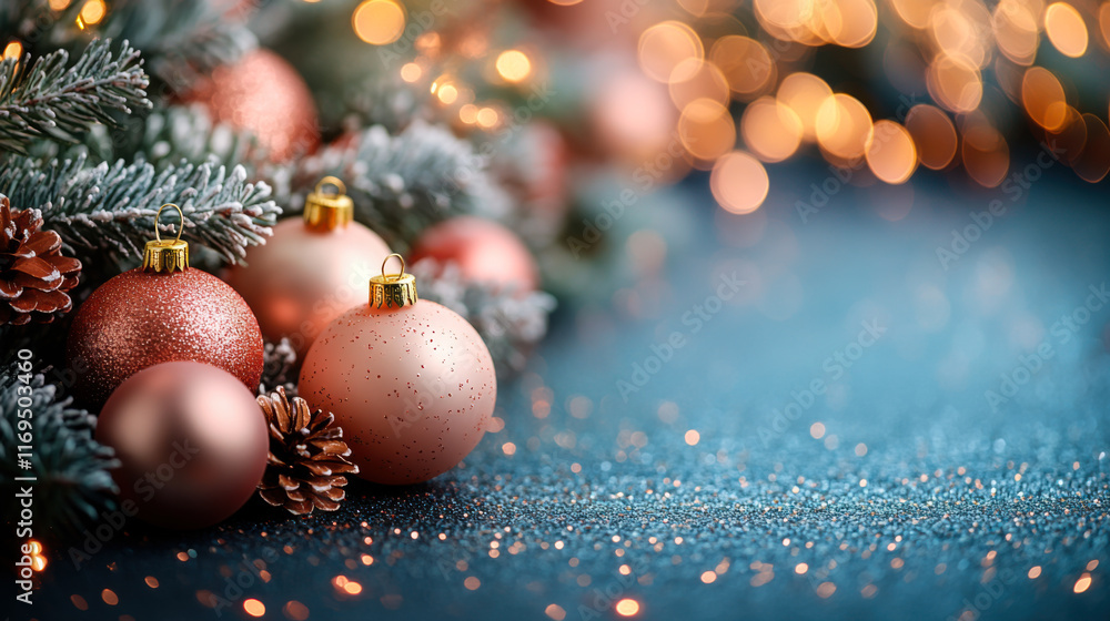 Holiday decorations with pink ornaments and shimmering lights create a festive atmosphere in a cozy setting Holiday decorations with pink ornaments and shimmering lights create a festive atmosphere in a cozy setting