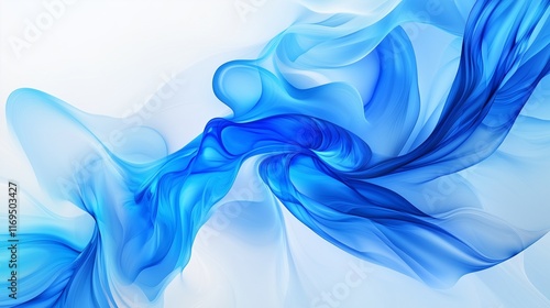 Blue and white abstract composition with a series of elegant, flowing shapes and vibrant color contrasts, set against a smooth background.