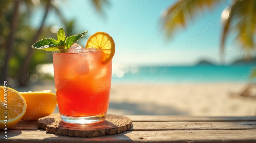 Obraz premium Tropical cocktail on a paradise beach.
