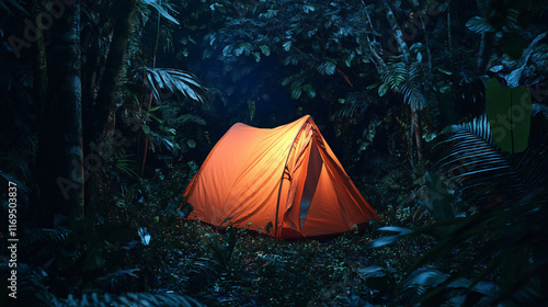 Glowing Orange Tent in a Dense Forest at Night, Surrounded by Green Foliage, Capturing Wilderness Adventure and Peaceful Night Camping photo