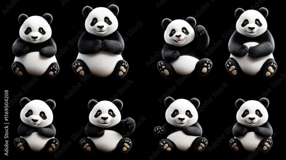 Cute pandas in various playful poses with a black background Cute pandas in various playful poses with a black background