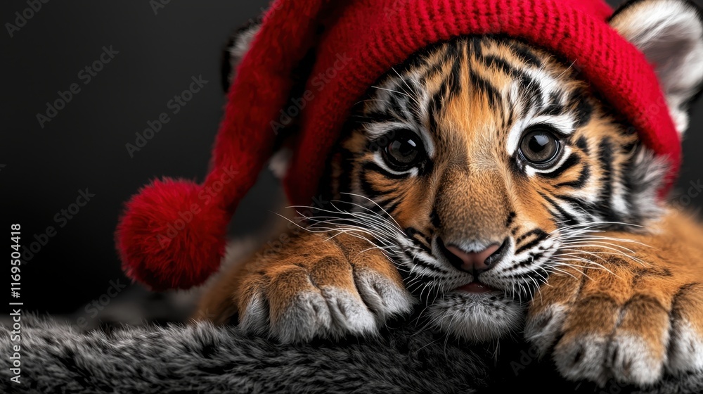 A baby tiger wearing a red hat and a red ball on its head A baby tiger wearing a red hat and a red ball on its head