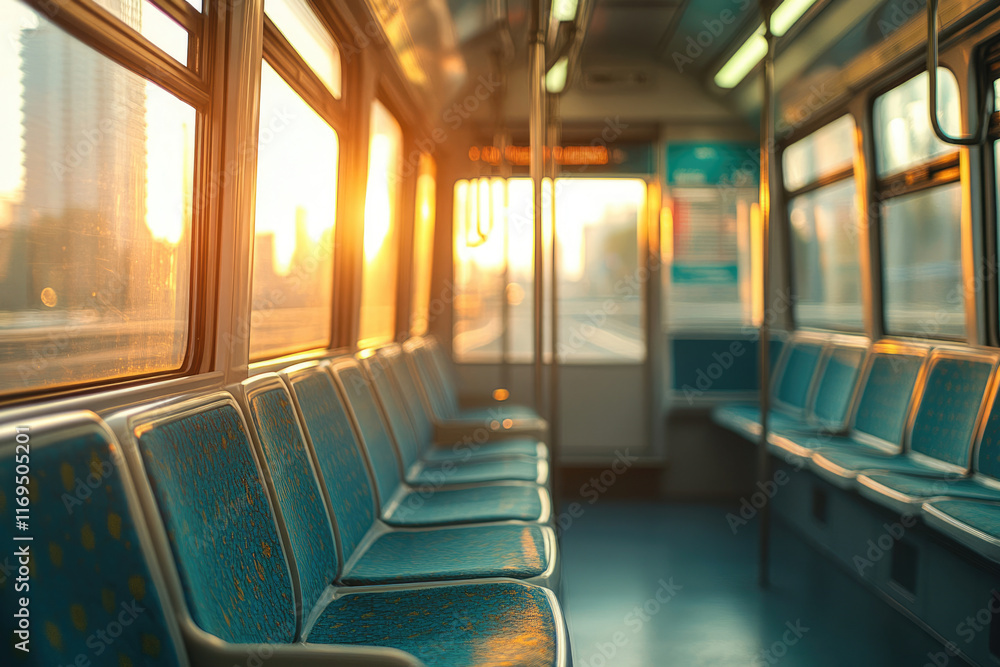 Empty train seats bathed in golden sunset light, peaceful urban transit scene. Empty train seats bathed in golden sunset light, peaceful urban transit scene.
