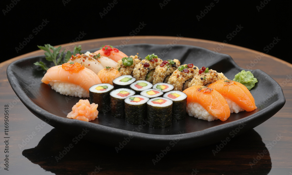 A perfectly presented sushi platter with nigiri, sashimi, and colorful rolls, placed on a sleek black plate with delicate garnishes A perfectly presented sushi platter with nigiri, sashimi, and colorful rolls, placed on a sleek black plate with delicate garnishes