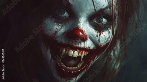 Terrifying Sinister Face with Sharp Teeth and Menacing Expression, Highlighting Eerie Makeup and Dark Horror Elements photo