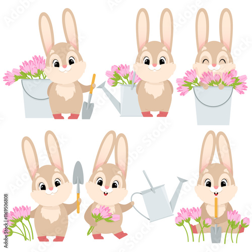 Set of Easter bunnies with watering cans, flowers and shovels