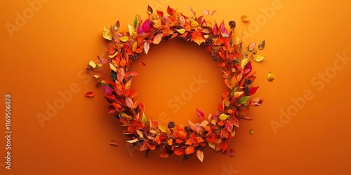 Autumnal leaf wreath on ora...