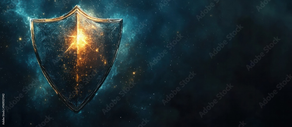 Fototapeta premium Powerful glowing mystic shield of intrepid cosmic energy amidst a dramatic futuristic battle scene radiating strength protection and defense against formidable forces