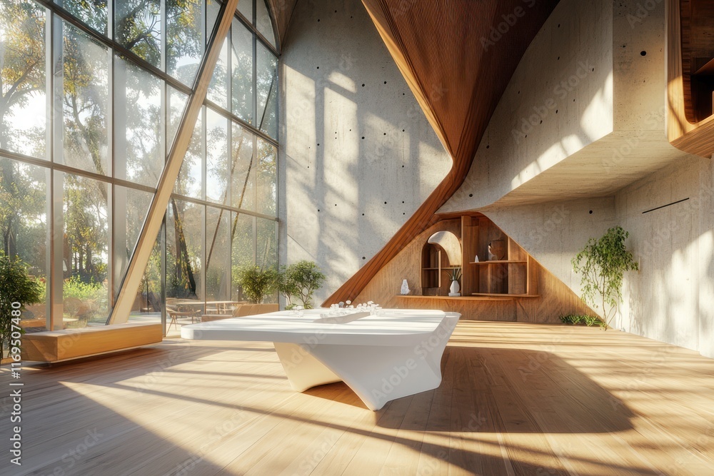 Obraz premium Modern wooden & concrete building interior, sunlight streaming through large windows, showcasing a sculptural table, serene forest backdrop