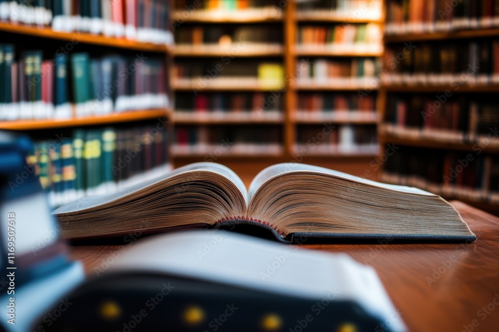 Fototapeta premium Open book on wooden table surrounded by shelves filled with books in a quiet library setting