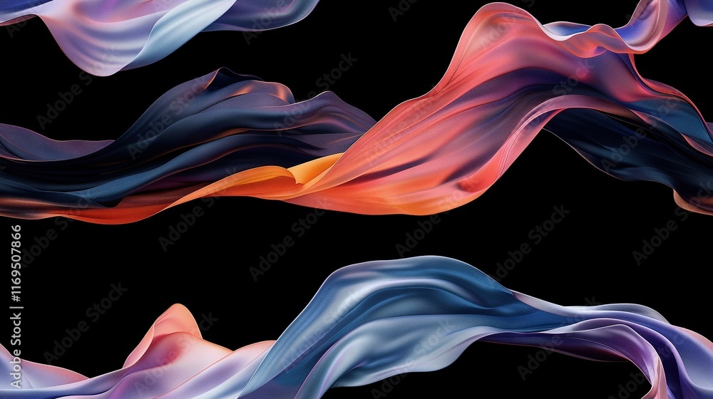 Obraz premium Three abstract paintings on black backgrounds with unique colorful flowing fabrics