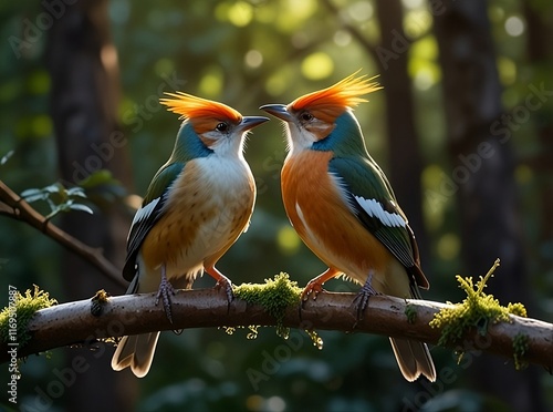 A realistic photo of two majestic,birds with vibrant orange and white plumage perched gracefully on a branch in a lush green forest.