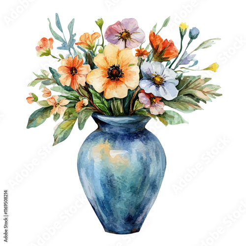 A watercolor vector painting of a ceramic vase with fresh flowers, isolated on a white background. Ceramic vase with flowers vector.

