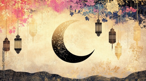 Ornate crescent moon with lanterns and floral patterns on golden background Laylatul Qadr photo