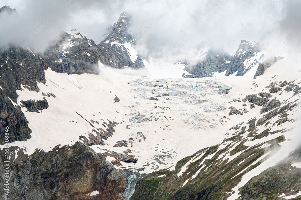 Obraz premium Pre de Bar glacier. Melting Glacier in the Alps. Val Ferret, Courmayeur, Aosta, Italy. Tour du Mont Blanc. Mountains, Panorama