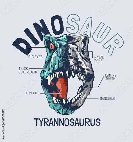 dinosaur slogan with t-rex head half skull anatomy vector illustration