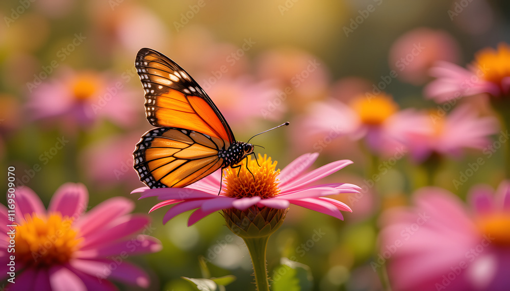 Fototapeta premium A butterfly rests on a vibrant flower, sparkling in the warm sunlight of a tranquil garden full of beauty. Hello spring 