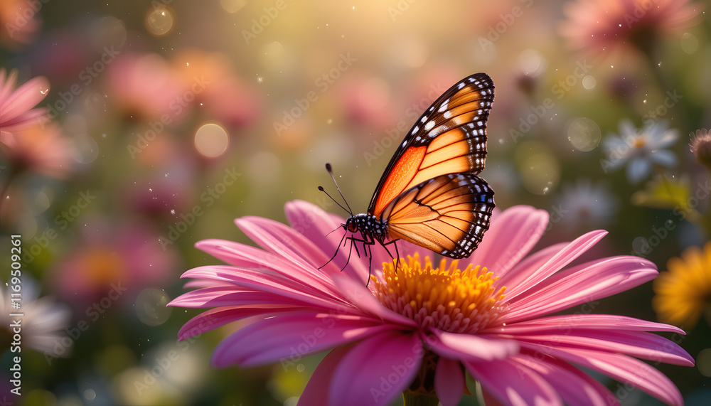 Obraz premium A butterfly rests on a vibrant flower, sparkling in the warm sunlight of a tranquil garden full of beauty. Hello spring 