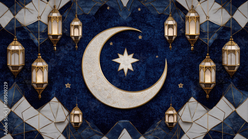 Ornate crescent moon and stars with lanterns on geometric blue background Laylatul Qadr photo