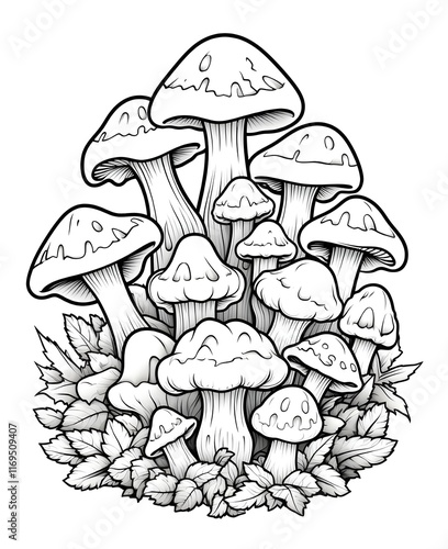 Adorable creepy kawaii mushroom coloring page for kids and adults with vintage, Cute mushrooms in a clearing among the flowers with vector illustration for coloring book.