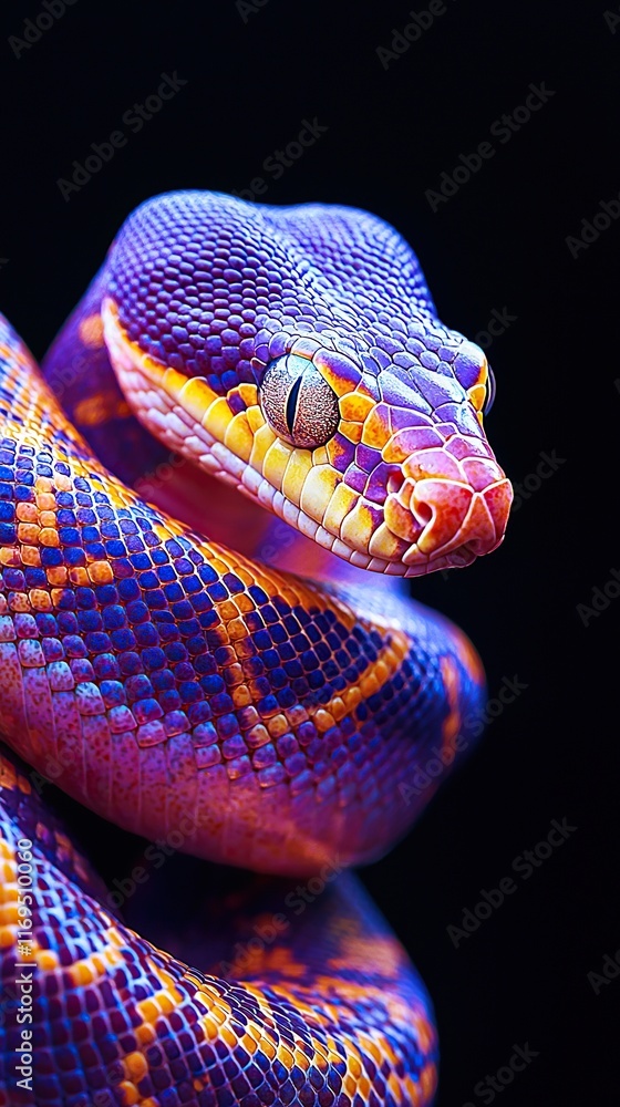 Fototapeta premium Coiled snake with vibrant patterns and colors on a black background