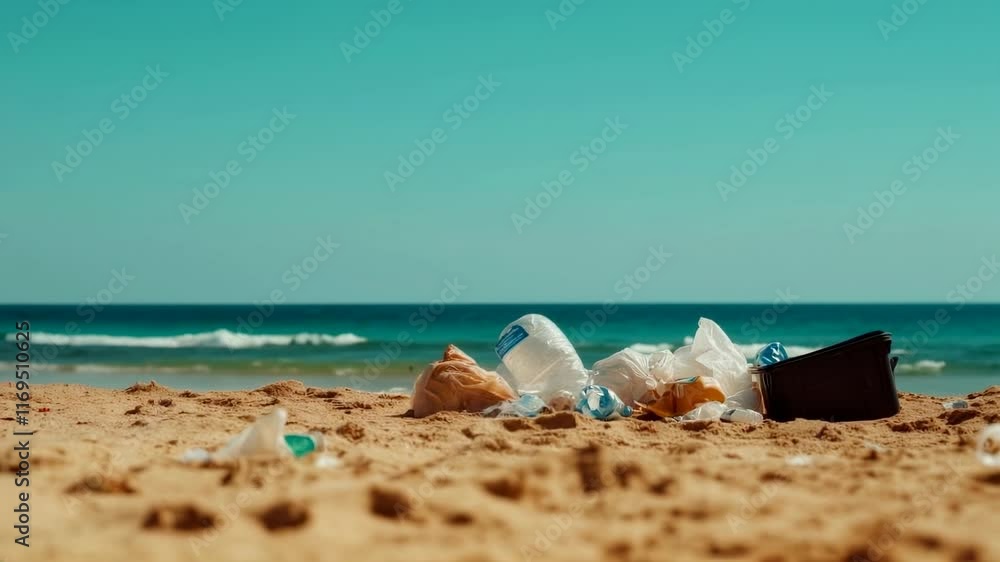 Plastic waste and garbage scattered on beach sand with turquoise sea. Environmental pollution content Plastic waste and garbage scattered on beach sand with turquoise sea. Environmental pollution content