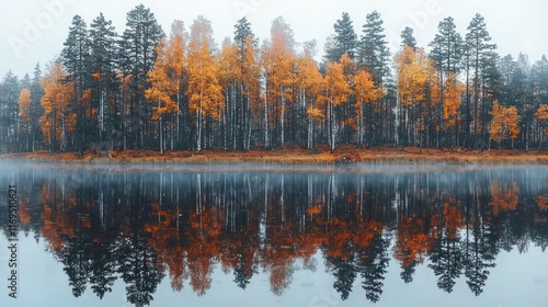 Misty autumn forest reflected in calm lake. (1)