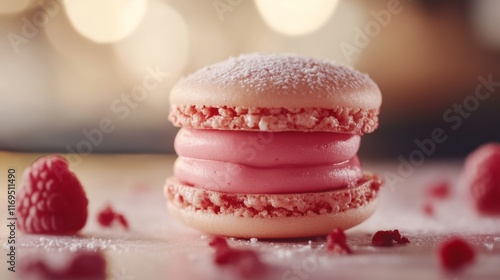 Close-up of a delicate pink macaron with raspberry filling and powdered sugar, alongside fresh raspberries. photo