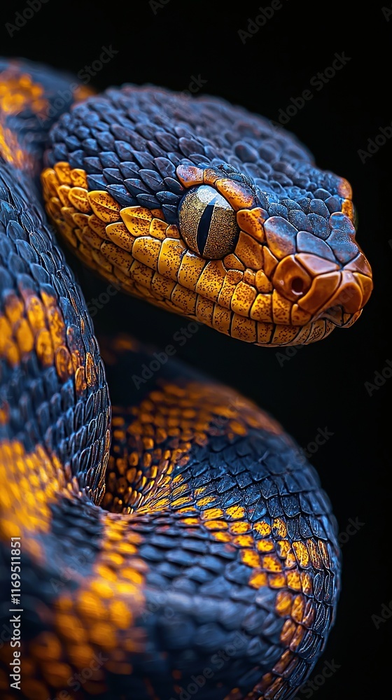 Fototapeta premium Coiled snake with vibrant patterns and colors on a black background