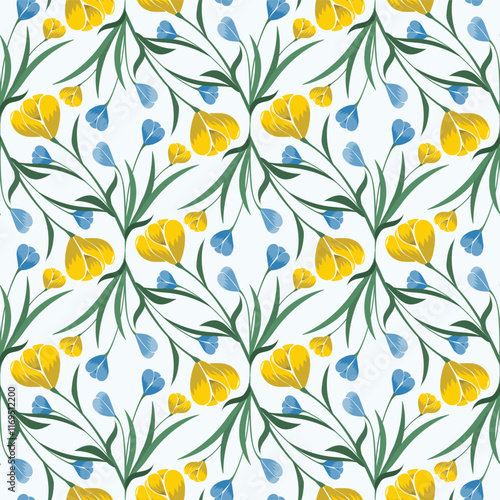 Colorful Abstract Tulips in an Ogee Shape with Yellow Ochre, Indigo Blue, and Hunter Green design creating a seamless pattern print background