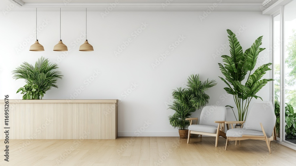 Fototapeta premium Elegant reception area showcases a stylish front desk and inviting armchairs, perfect for an office or hotel lobby atmosphere