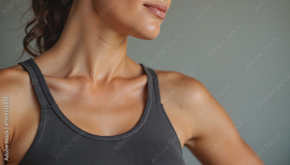 Woman in athletic wear smiling in front of a gray background Woman in athletic wear smiling in front of a gray background