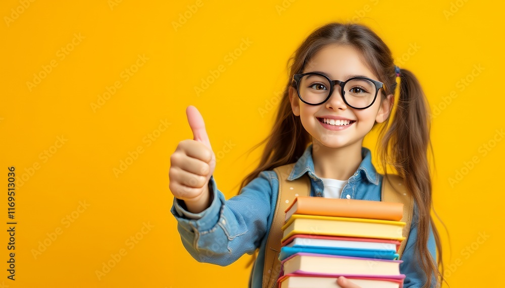 Smiling Schoolgirl with Books Giving Thumbs Up, Back to School, Education Success Smiling Schoolgirl with Books Giving Thumbs Up, Back to School, Education Success