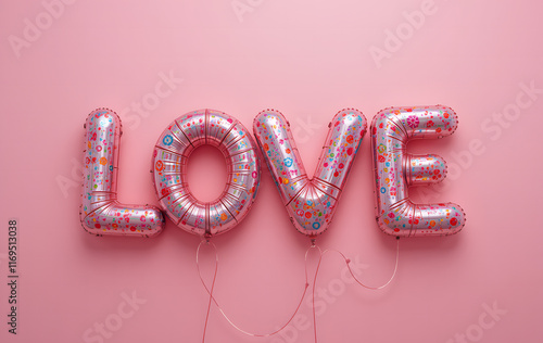 air balloons in shape of word LOVE on pink background  photo