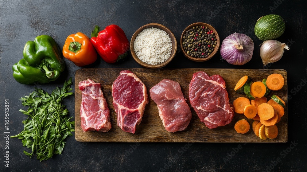 Raw meat, vegetables, and spices arranged on board. Raw meat, vegetables, and spices arranged on board.