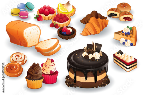 Assorted Baked Goods and Desserts Featuring Cakes, Bread, and Pastries