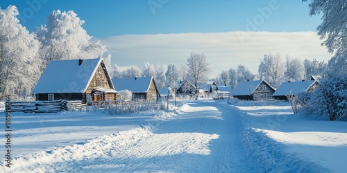 Snow covered wooden houses ...