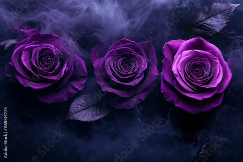 Fototapeta Naklejka Na Ścianę i Meble -  Three purple roses with smoke in the background
