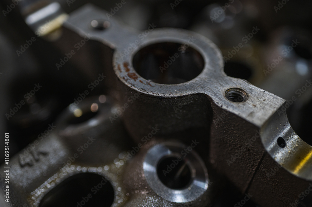 Close-up view of industrial metal gears in motion, symbolizing engineering, machine building, machine construction and precision manufacturing, disassembled car engine, spare parts. Selective focus Close-up view of industrial metal gears in motion, symbolizing engineering, machine building, machine construction and precision manufacturing, disassembled car engine, spare parts. Selective focus