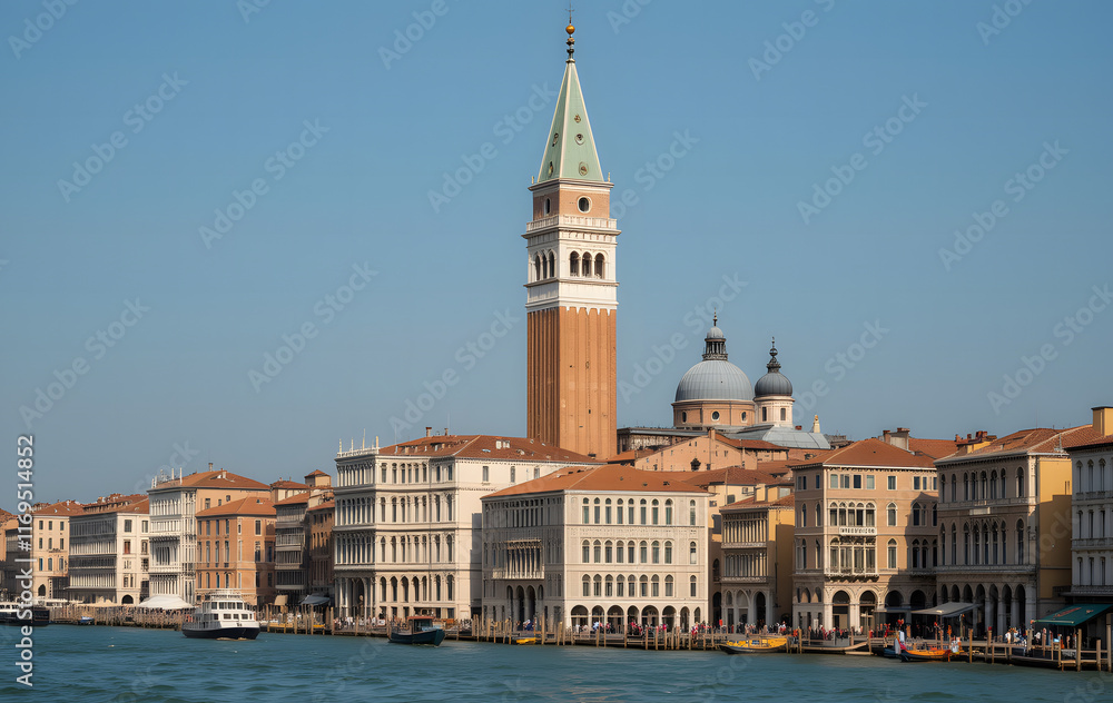 Fototapeta premium Beautiful view of Venice, Italy with Campanile tower of Saint Mark's Cathedral, Basilica on San Marco square and Doges' Palace. Italian buildings cityscape. Famous romantic city on water 