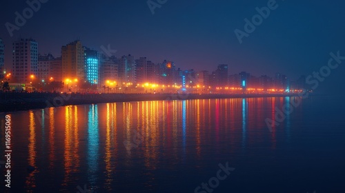 Night cityscape reflected in calm water. (4) photo