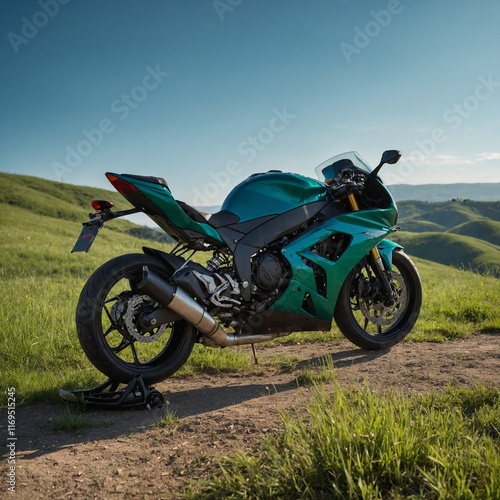 A sports motorbike resting on a green hill with a clear blue sky.