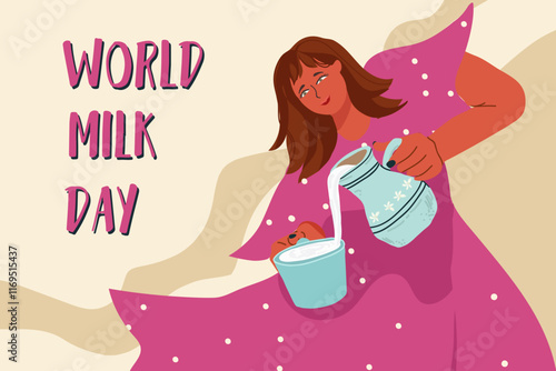 Colorful World Milk Day with Flat Design Concept, woman character pouring milk into a cup from a pitcher, hand drawing vector.