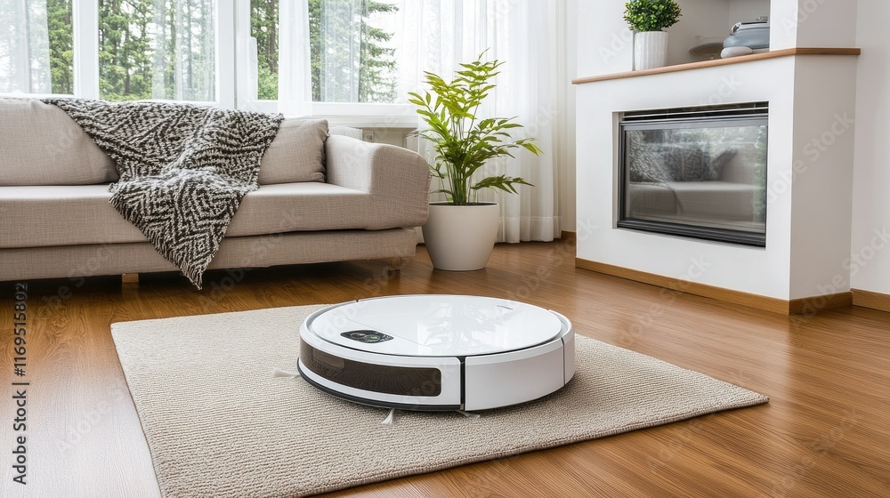 Robot vacuum operates on soft carpet while surrounded by a stylish sofa and indoor plants in a contemporary living room setup Robot vacuum operates on soft carpet while surrounded by a stylish sofa and indoor plants in a contemporary living room setup