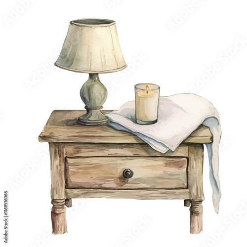 A watercolor vector painting of a bedside table with a lamp and candle, isolated on a white background. Bedside table with lamp and candle vector.

